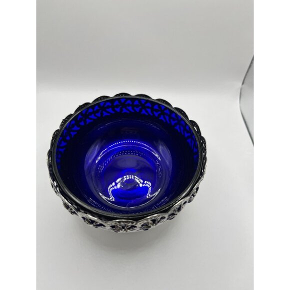 Celtic Quality Plate Cobalt Blue Bowl Silver Plate Pedestal Candy Trinket Dish - Picture 2 of 7